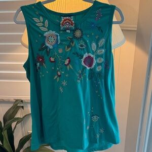 Johnny Was Teal Embroidered Floral Tank Top